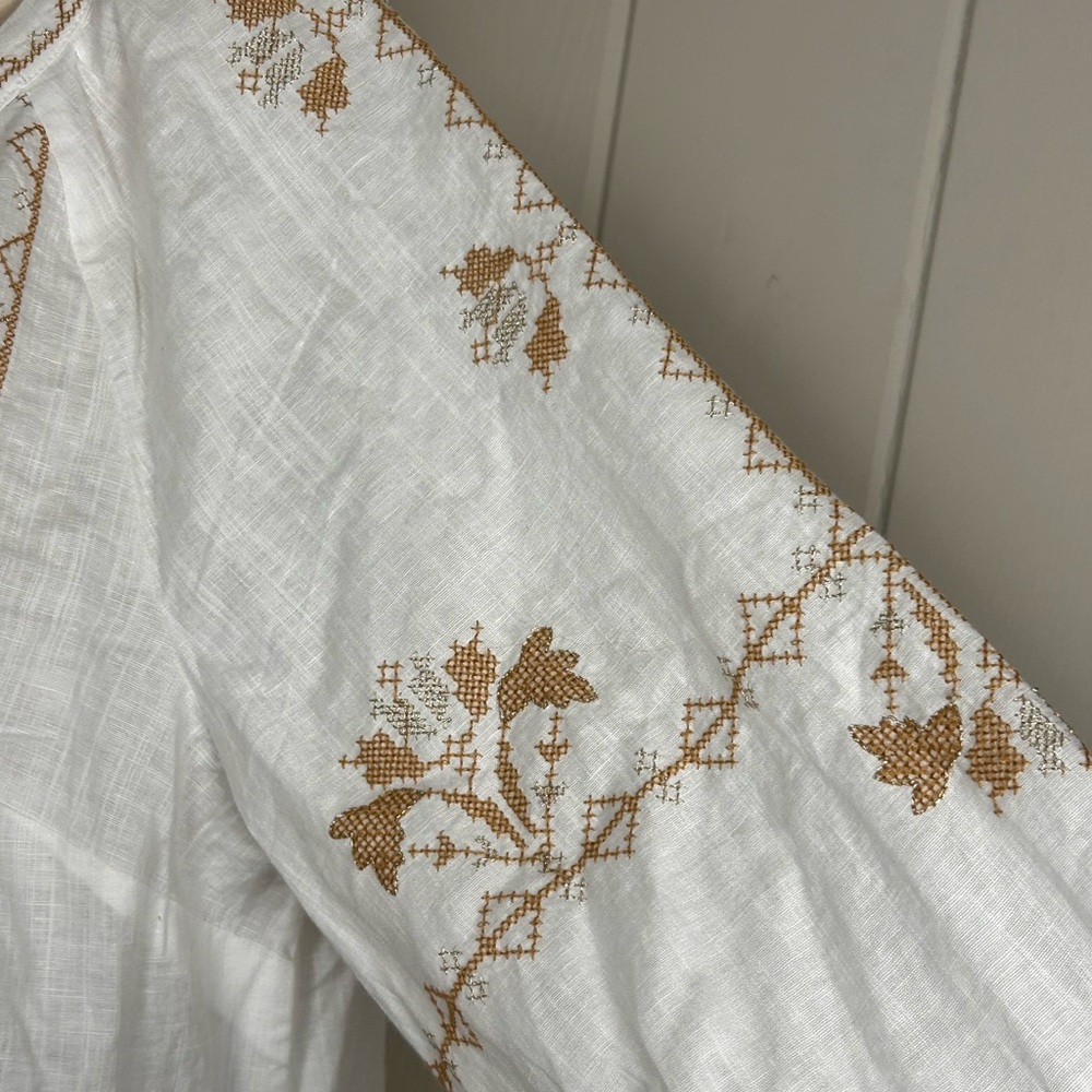 Talbots White Linen Blend Embroidered Tunic Top Boho Peasant Blouse Large - Picture 7 of 10